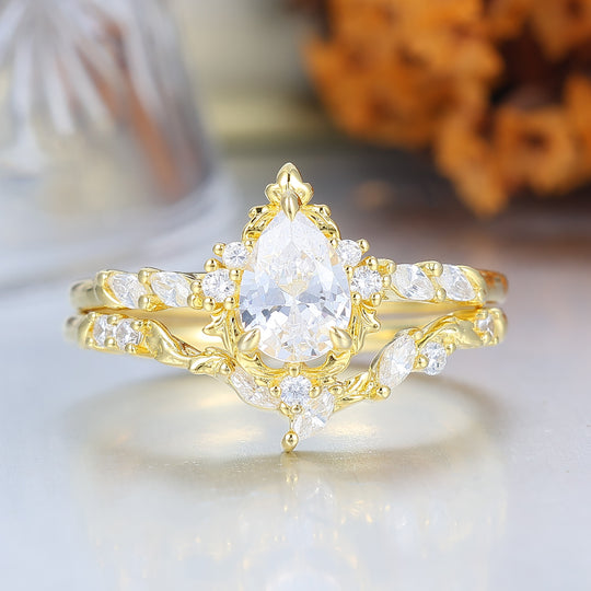Pear Cut Teardrop Vintage Inspired Gold Moissanite Bridal Set Romantic Bridal Set  Enhancer Ring