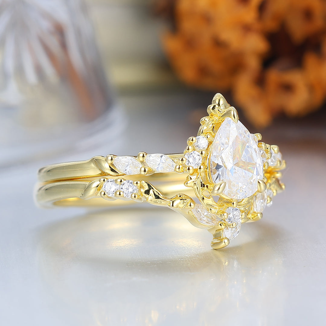 Pear Cut Teardrop Vintage Inspired Gold Moissanite Bridal Set Romantic Bridal Set  Enhancer Ring
