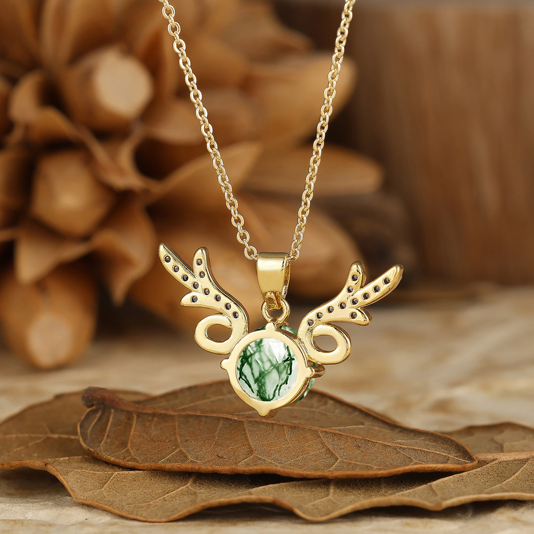 Deer Antler Style Moss Agate Pendant Round Cut Natural Moss Agate Pendant Necklace For Her