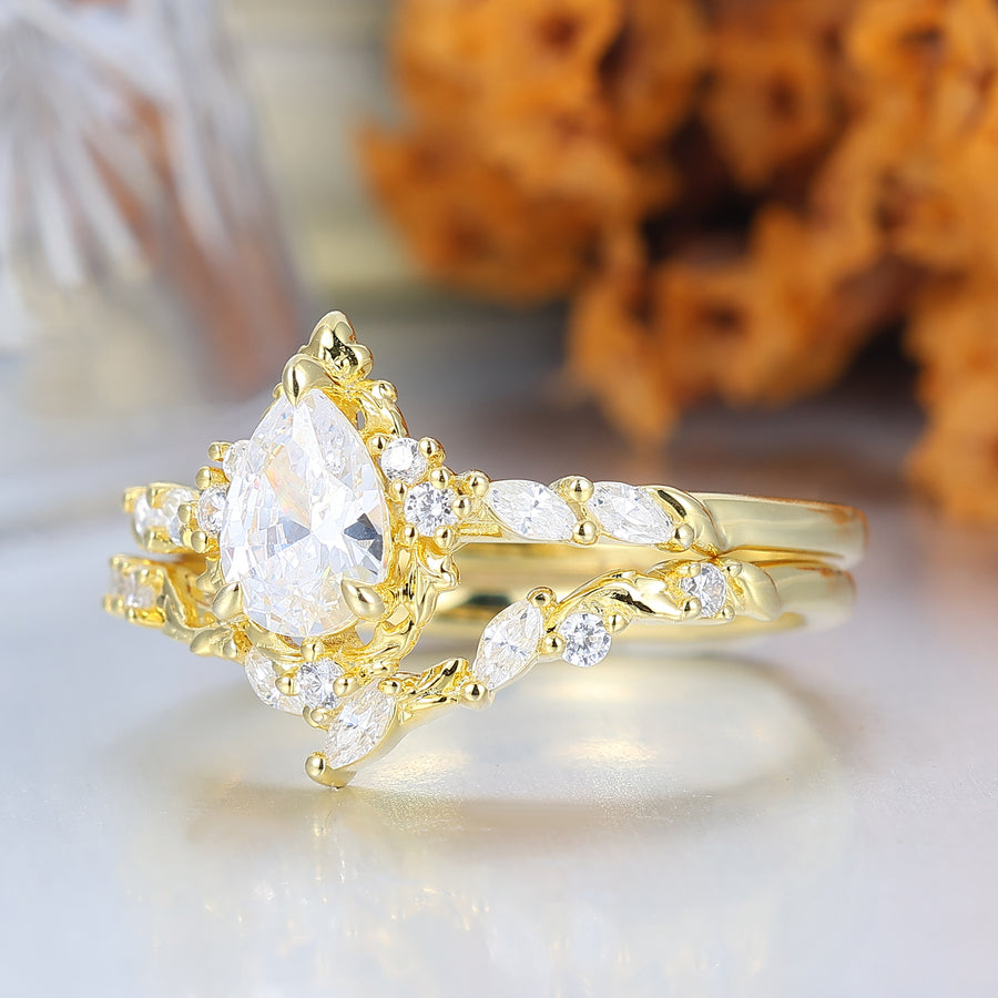 Pear Cut Teardrop Vintage Inspired Gold Moissanite Bridal Set Romantic Bridal Set  Enhancer Ring