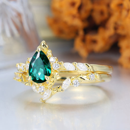 Pear Cut Teardrop Vintage Inspired Gold Emerlad Bridal Set Romantic Bridal Set  Enhancer Ring