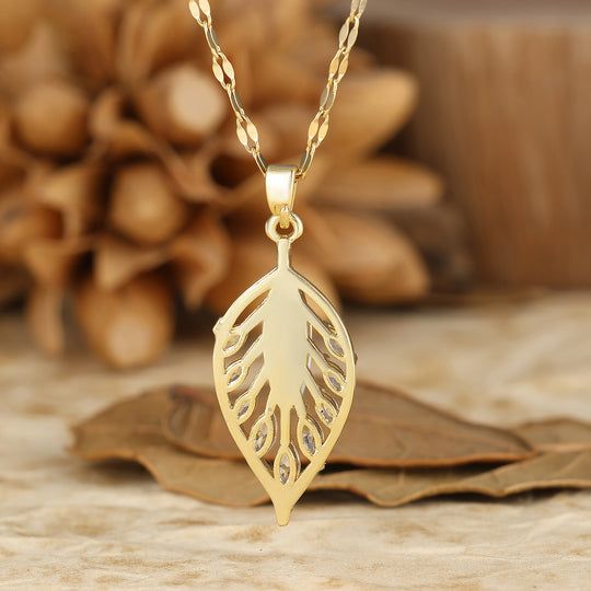 925 Argento Marquise Pendente Collana con Agata Muschio Naturale a Forma di Piuma/Foglia Collana in Oro 14K per Donna