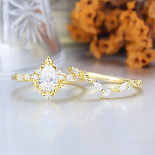 Pear Cut Teardrop Vintage Inspired Gold Moissanite Bridal Set Romantic Bridal Set  Enhancer Ring