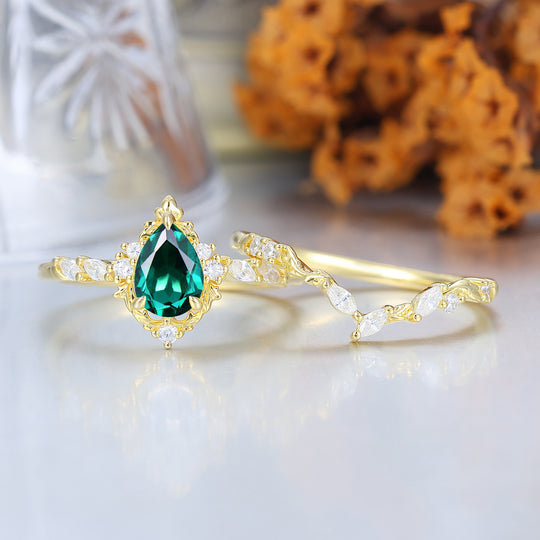 Pear Cut Teardrop Vintage Inspired Gold Emerlad Bridal Set Romantic Bridal Set  Enhancer Ring