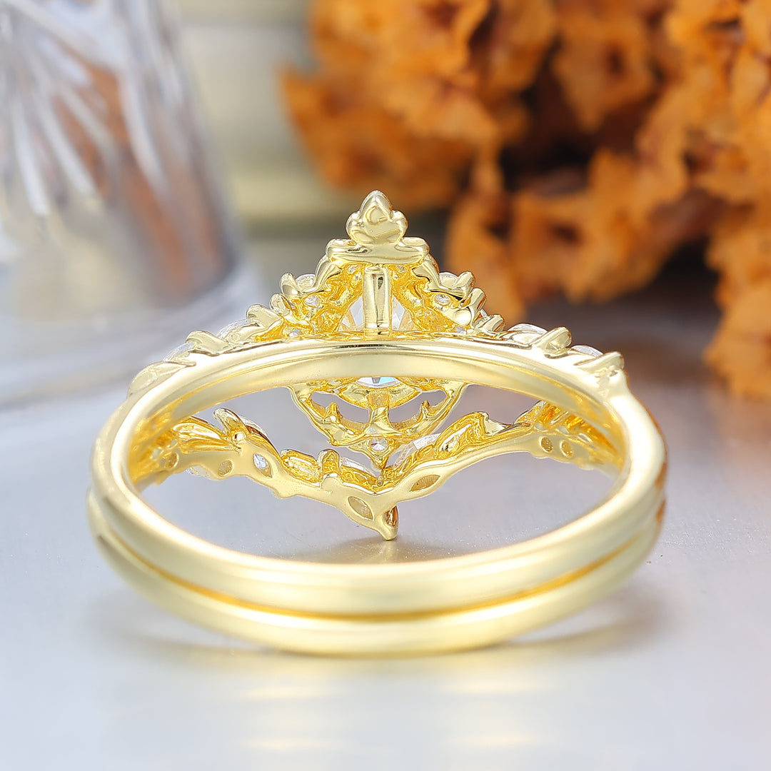 Pear Cut Teardrop Vintage Inspired Gold Moissanite Bridal Set Romantic Bridal Set  Enhancer Ring