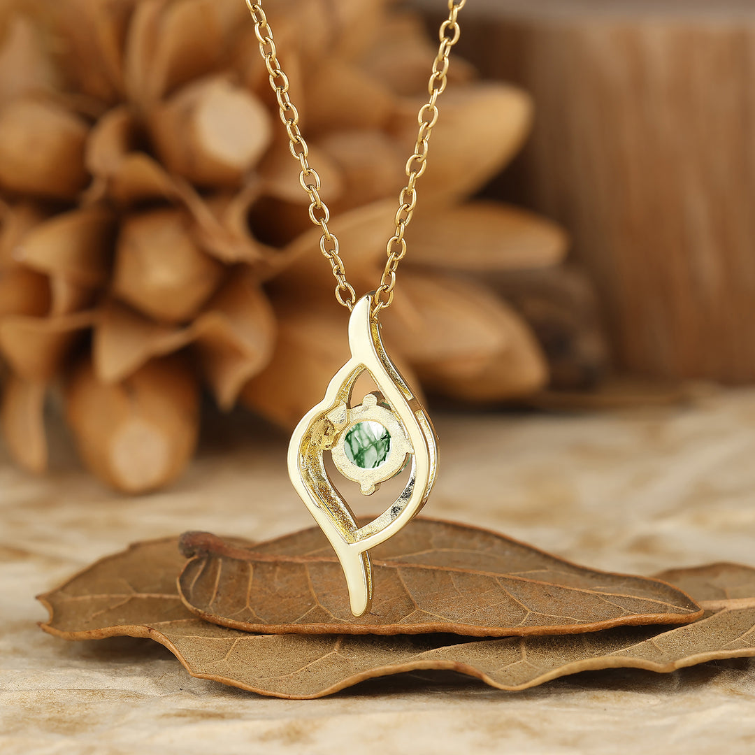 Delicate Round Cut Natural Moss Agate Twist Pendant Necklace 14K Gold Neckalce