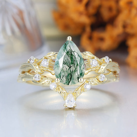 Fiery Natural Moss Agate Vine Engagement Ring Romantic 14K Yellow Gold Bridal Set Engagement Ring