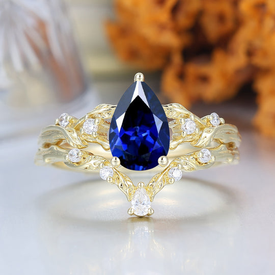 Bague de fiançailles en saphir bleu flamboyant avec vigne, ensemble romantique de mariage