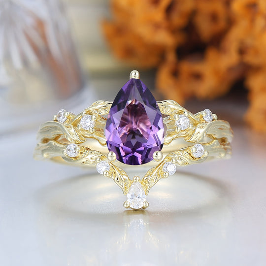 Pear Cut Amethyst Vine Engagement Ring Romantic Bridal Set  Engagement Ring
