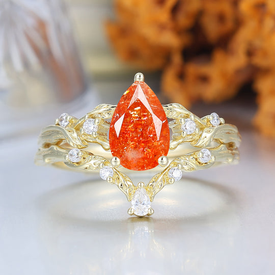 Fiery Orange Sunstone Vine Bague de Fiançailles Ensemble Romantique de Mariage Bague de Fiançailles