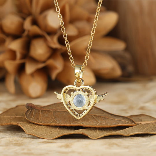 925 Argento Collana con Ciondolo Cuore Ali d'Angelo Rotondo Naturale in Ametista Sottile Collana in Oro 14K per Donna