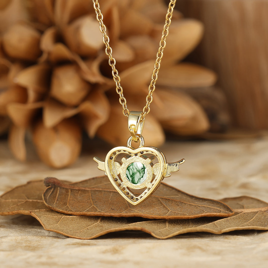 925 Argento Collana con Ciondolo Cuore Ali d'Angelo Rotondo Naturale in Ametista Sottile Collana in Oro 14K per Donna