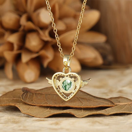 925 Argento Collana con Ciondolo Cuore Ali d'Angelo Rotondo Naturale in Ametista Sottile Collana in Oro 14K per Donna