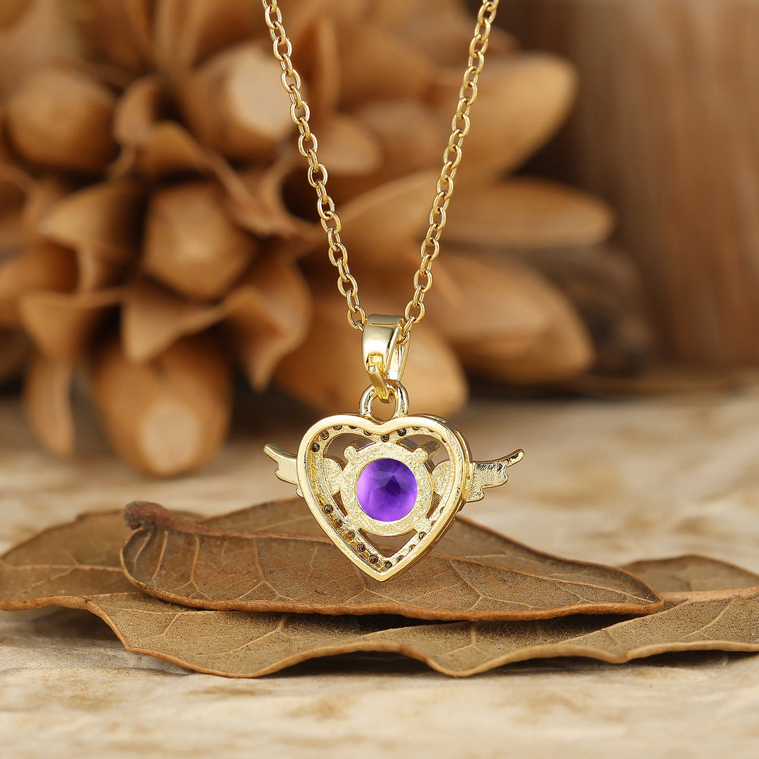 925 Argento Collana con Ciondolo Cuore Ali d'Angelo Rotondo Naturale in Ametista Sottile Collana in Oro 14K per Donna