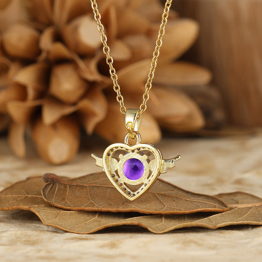 925 Argento Collana con Ciondolo Cuore Ali d'Angelo Rotondo Naturale in Ametista Sottile Collana in Oro 14K per Donna