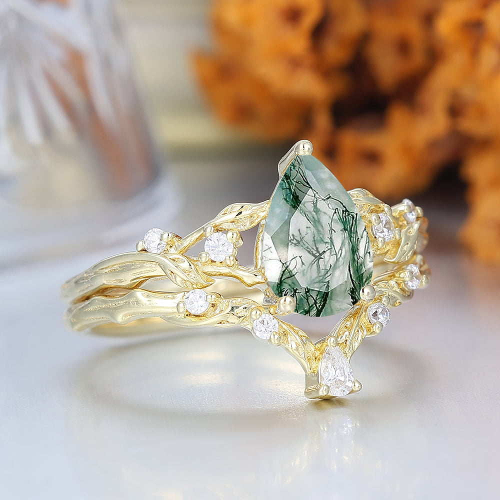 Fiery Natural Moss Agate Vine Bague de Fiançailles Ensemble Romantique en Or Jaune 14K
