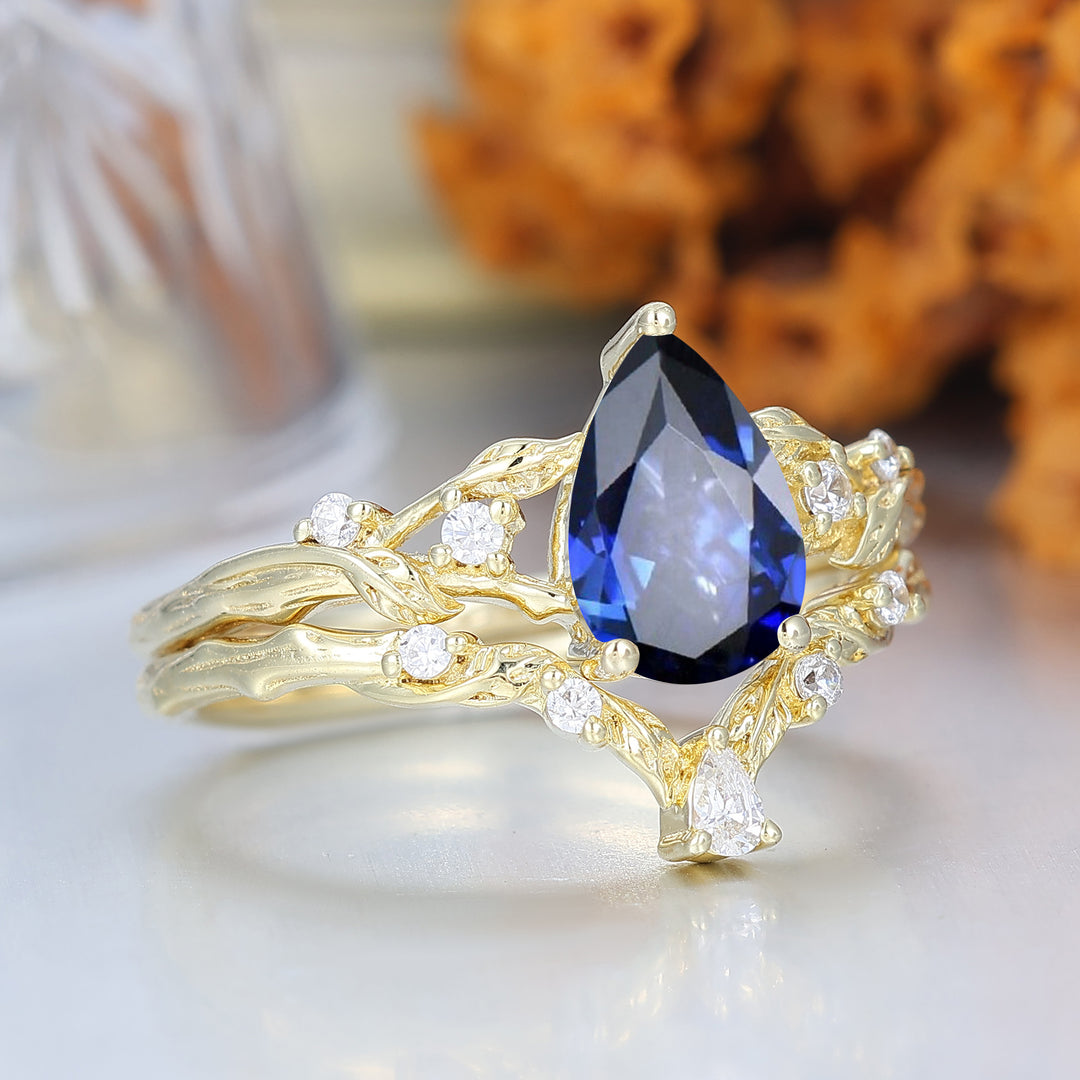 Bague de fiançailles en saphir bleu flamboyant avec vigne, ensemble romantique de mariage
