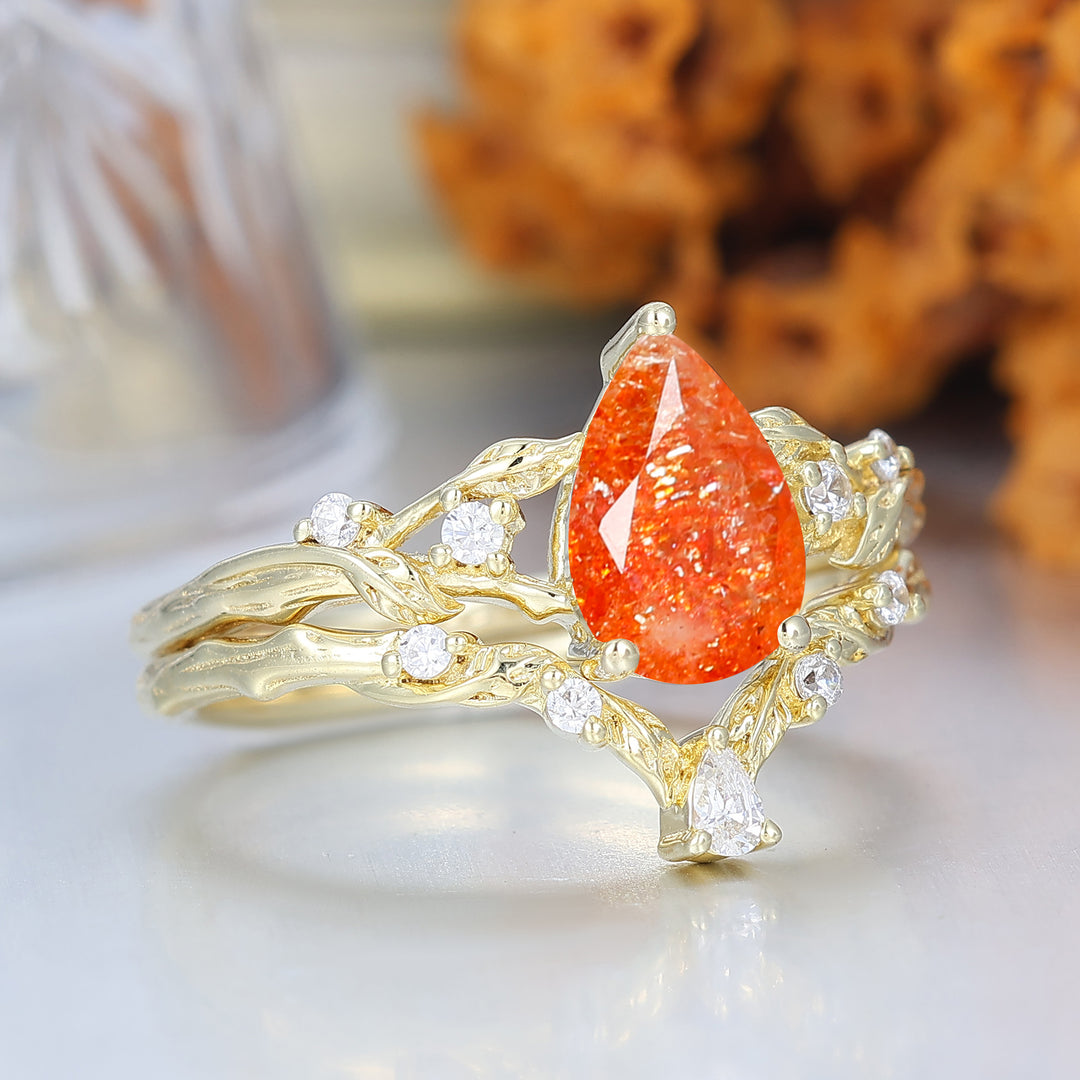 Fiery Orange Sunstone Vine Bague de Fiançailles Ensemble Romantique de Mariage Bague de Fiançailles