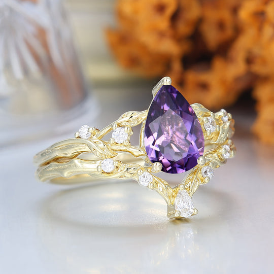 Pear Cut Amethyst Vine Engagement Ring Romantic Bridal Set  Engagement Ring
