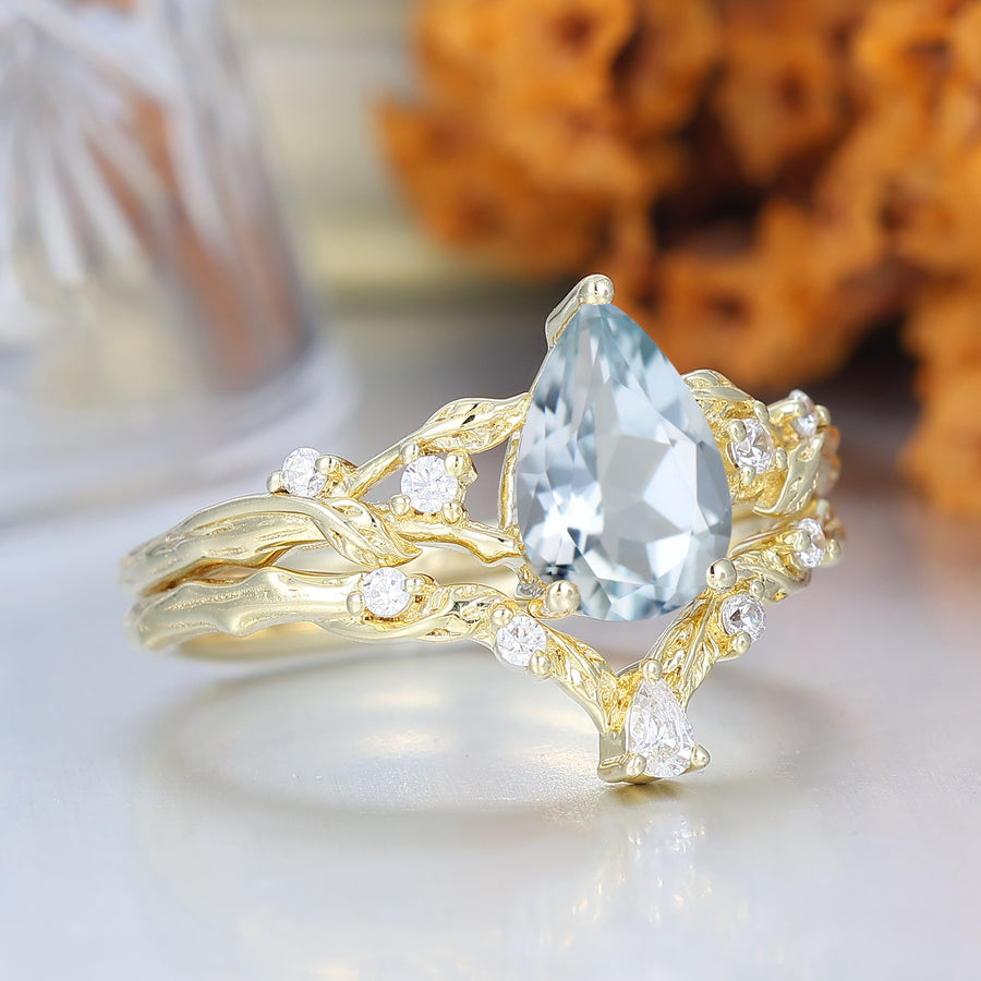 Natural Inspired Pear Cut Aquamarine Bridal Ring Set 2pcs Solid Gold Aquamarine Women Rings
