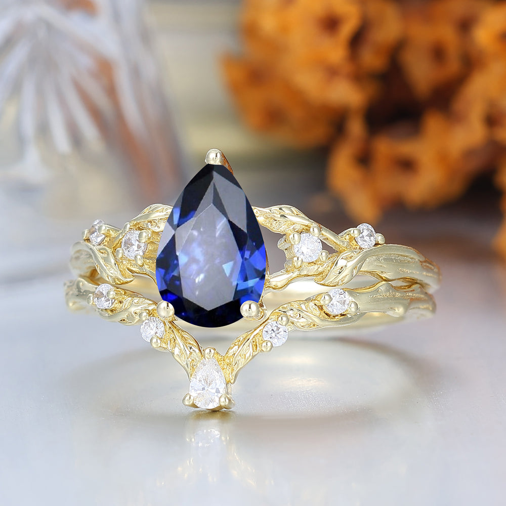Fiery Blue Sapphire Vine Engagement Ring Romantic Bridal Set  Engagement Ring