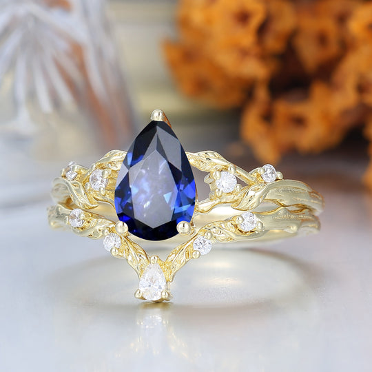 Bague de fiançailles en saphir bleu flamboyant avec vigne, ensemble romantique de mariage