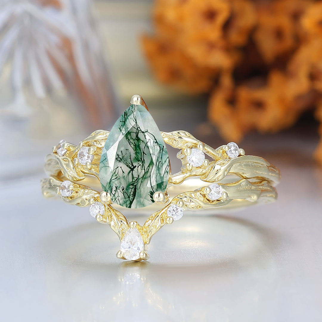 Fiery Natural Moss Agate Vine Engagement Ring Romantic 14K Yellow Gold Bridal Set Engagement Ring