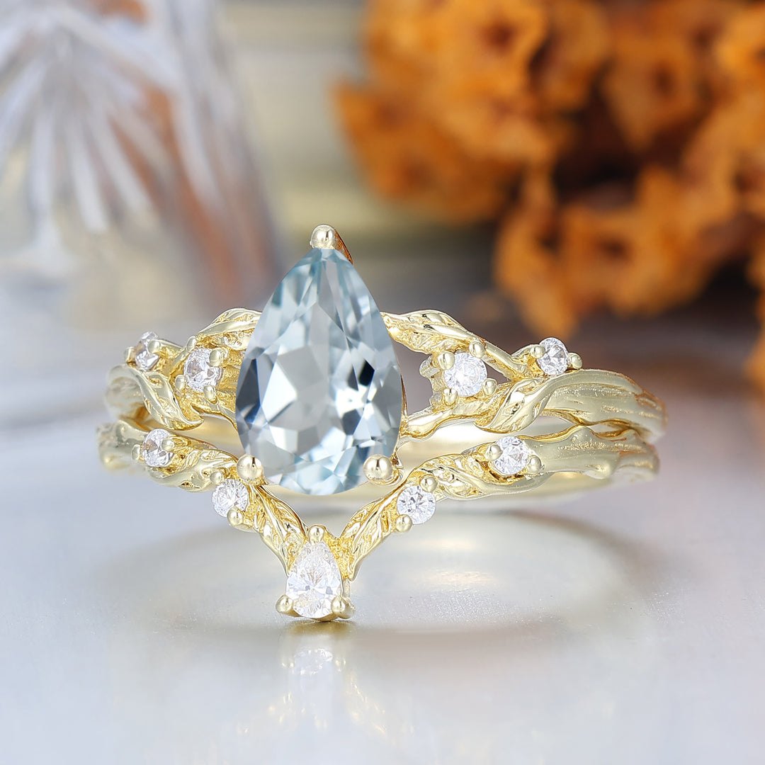 Ensemble de bagues de mariage en aigue-marine taille poire d'inspiration naturelle 2 pièces en or massif Bagues pour femmes en aigue-marine