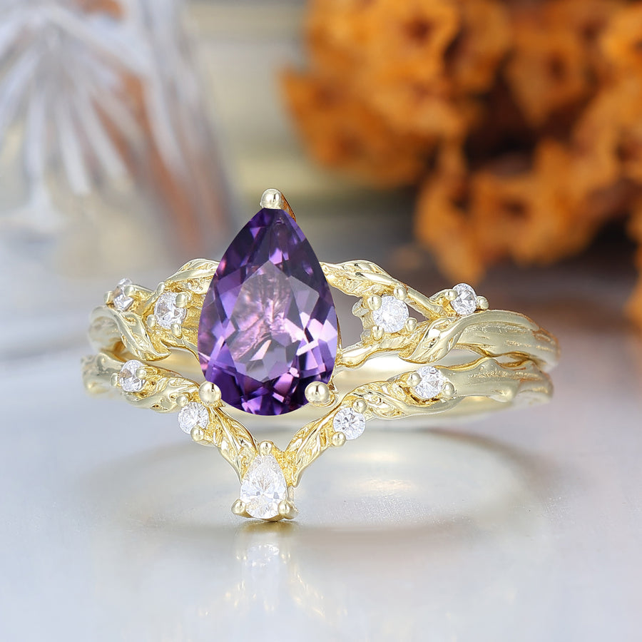Pear Cut Amethyst Vine Engagement Ring Romantic Bridal Set  Engagement Ring