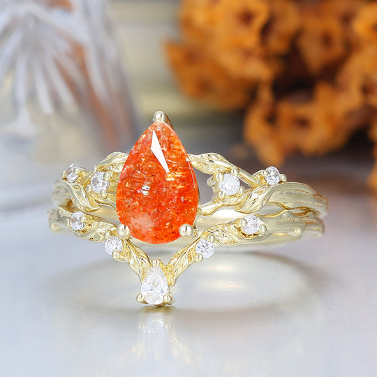 Fiery Orange Sunstone Vine Bague de Fiançailles Ensemble Romantique de Mariage Bague de Fiançailles
