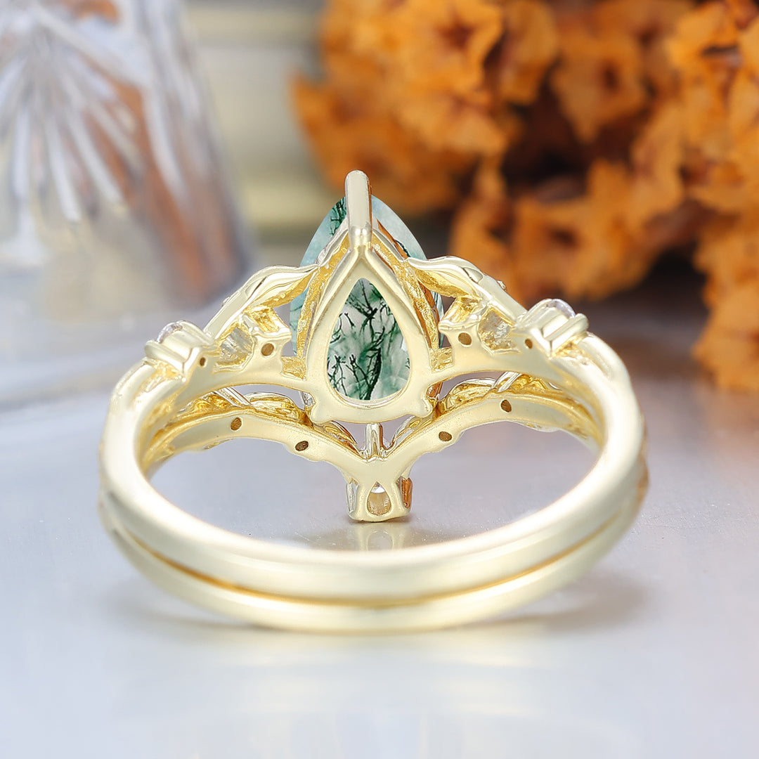 Fiery Natural Moss Agate Vine Engagement Ring Romantic 14K Yellow Gold Bridal Set Engagement Ring
