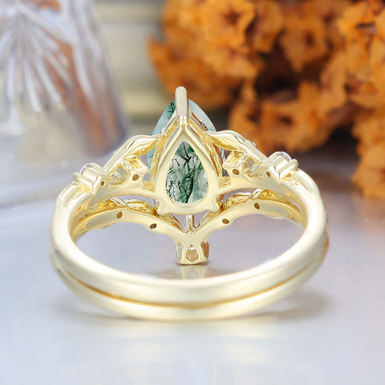 Fiery Natural Moss Agate Vine Engagement Ring Romantic 14K Yellow Gold Bridal Set Engagement Ring
