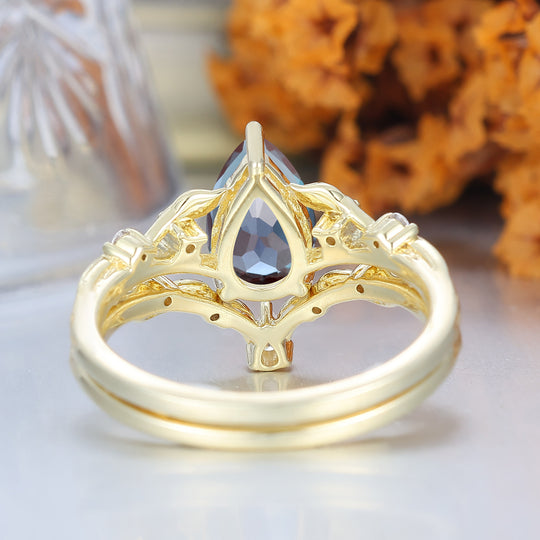 Leaf Design Pear Cut Alexandrite Bridal Ring Set 14K Solid Gold Alexandrite Women Rings