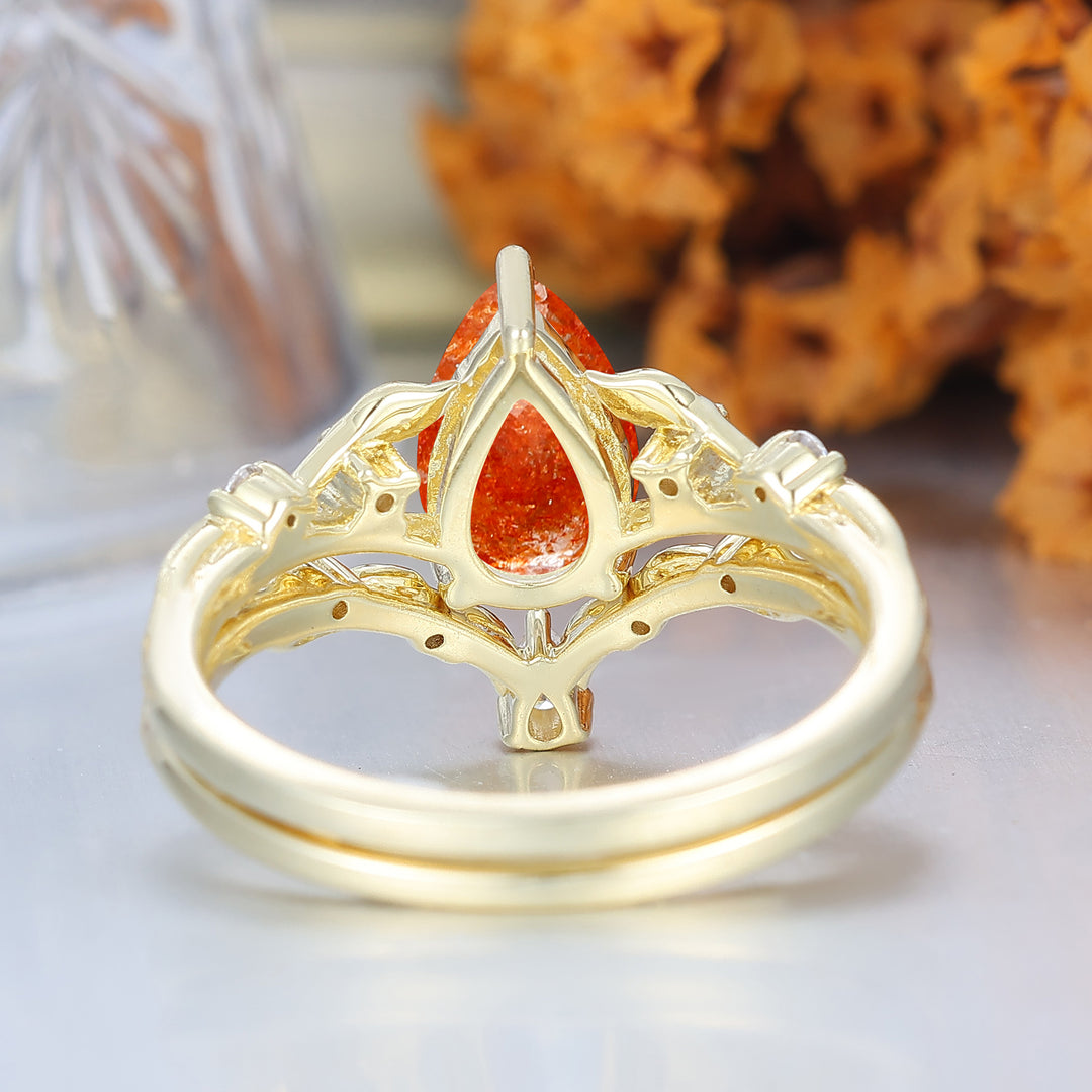 Fiery Orange Sunstone Vine Bague de Fiançailles Ensemble Romantique de Mariage Bague de Fiançailles