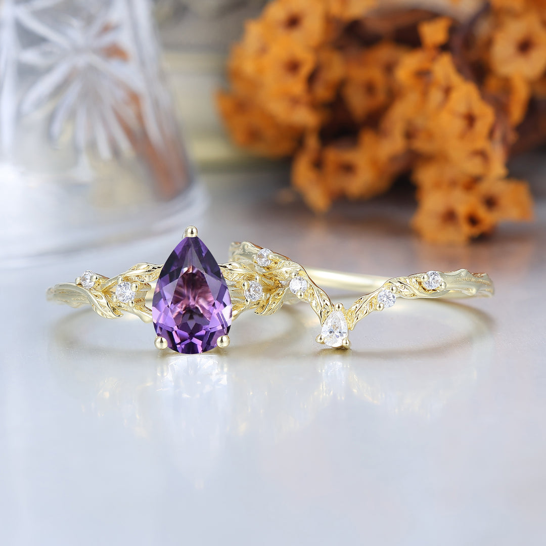 Pear Cut Amethyst Vine Engagement Ring Romantic Bridal Set  Engagement Ring