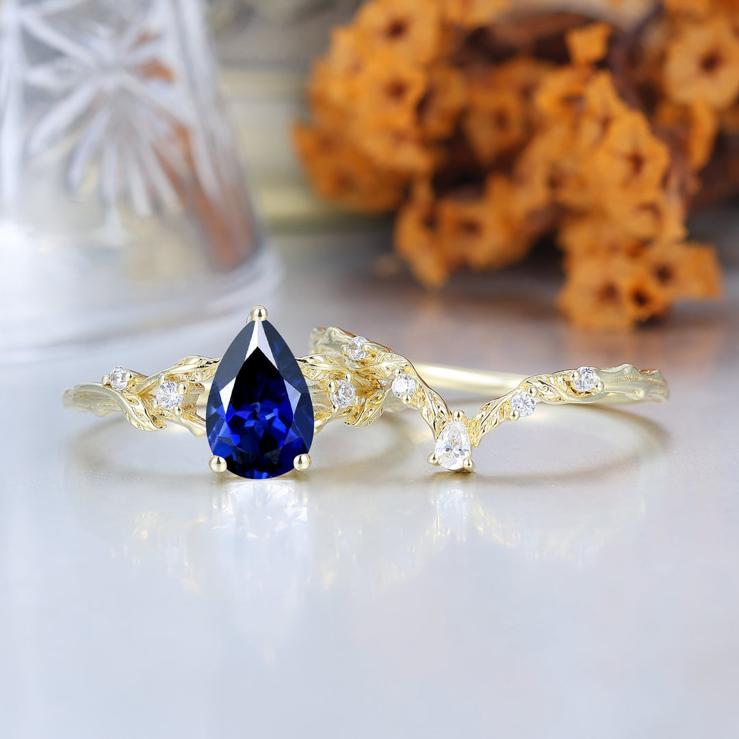 Bague de fiançailles en saphir bleu flamboyant avec vigne, ensemble romantique de mariage