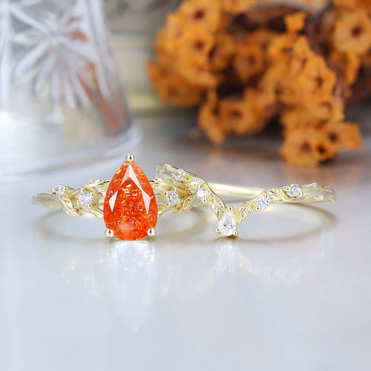 Fiery Orange Sunstone Vine Bague de Fiançailles Ensemble Romantique de Mariage Bague de Fiançailles