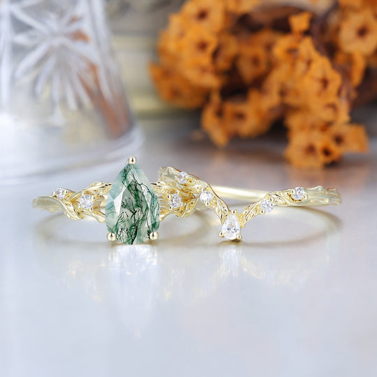 Fiery Natural Moss Agate Vine Engagement Ring Romantic 14K Yellow Gold Bridal Set Engagement Ring