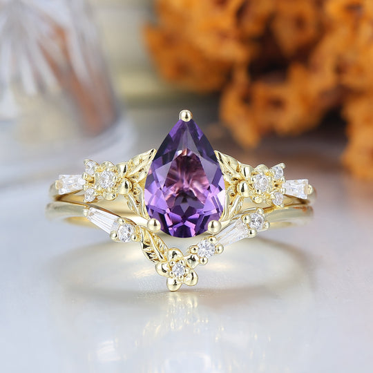 Nature Inspired Floral Amethyst Bridal Ring Pear Cut Vintage Gold Ring Stacking Set