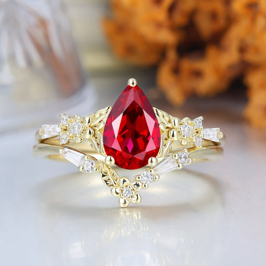 Unique Floral Engraved Pear Cut Ruby Engagement Ring Set Natural Inspired Wedding Rings