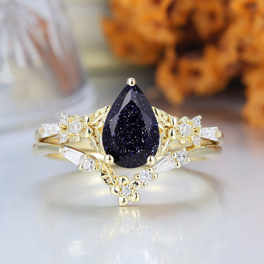 Floral Leaf Engraved Blue Sandstone Women Ring Set Solid Yellow Gold Wedding Rings Set