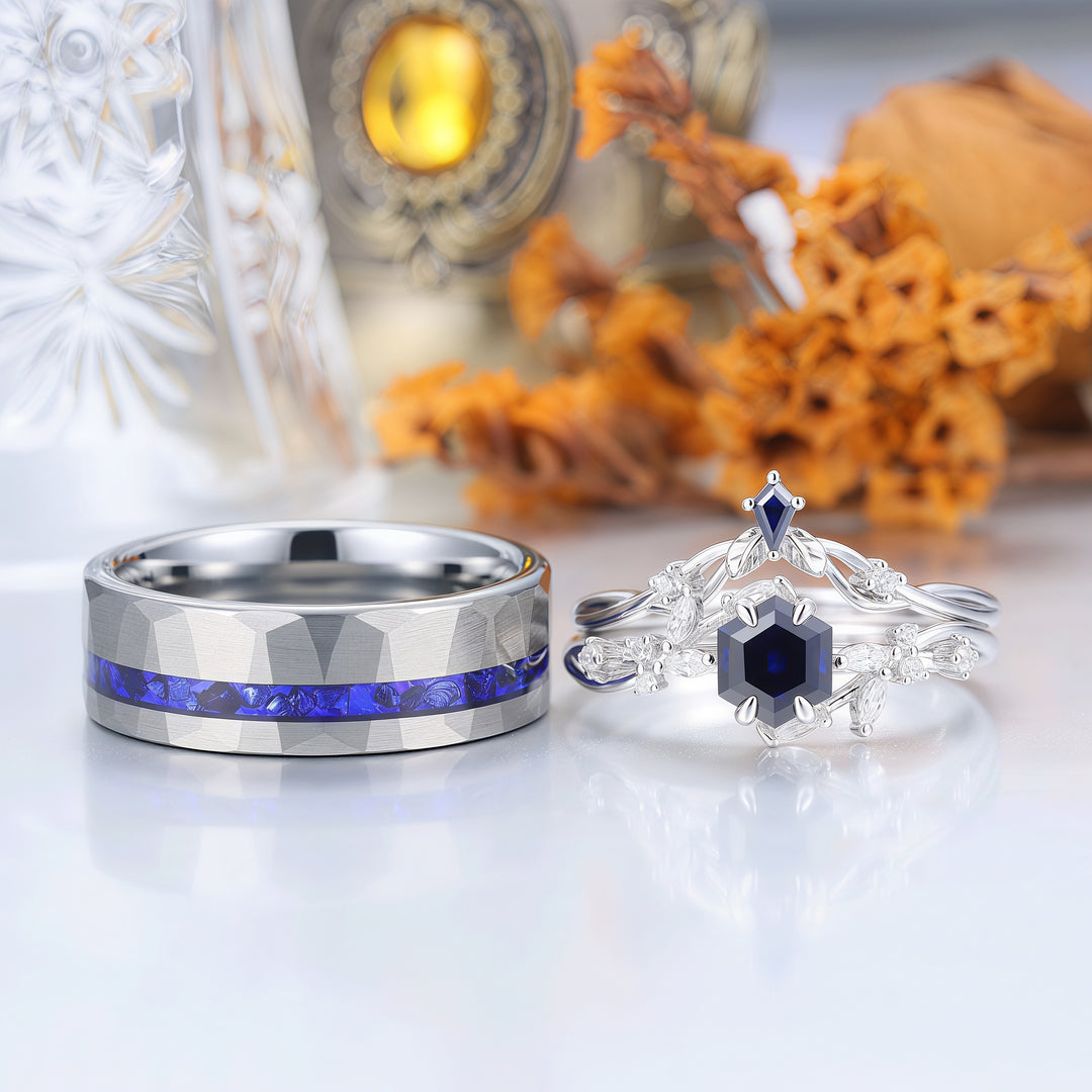 Nature Inspired Hexagon Sapphire Couple Ring Set Blue Marriage Ring Set His And Hers Rings -  Esdomera.com