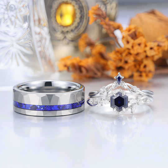 Nature Inspired Hexagon Sapphire Couple Ring Set Blue Marriage Ring Set His And Hers Rings -  Esdomera.com