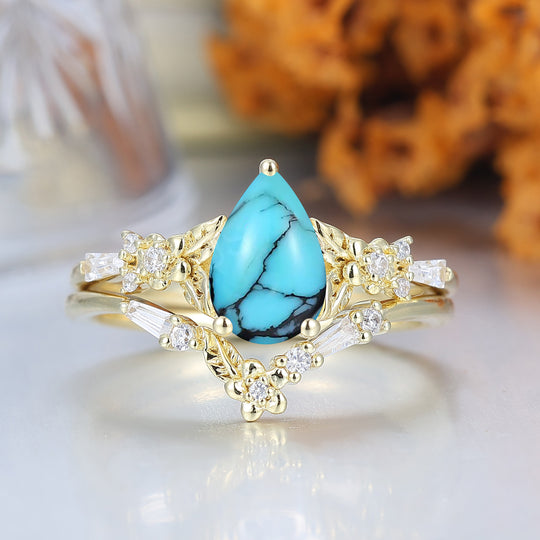 Unique Floral Engraved Pear Cut Turquoise Engagement Ring Set Natural Inspired Wedding Rings