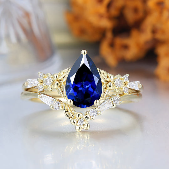 Nature Inspired Floral Sapphire Bridal Ring Pear Cut Vintage Gold Ring Stacking Set