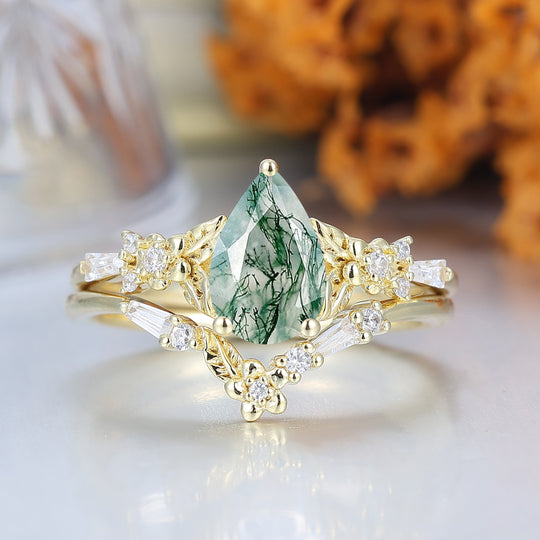 Nature Inspired Floral  Moss Agate  Bridal Ring Pear Cut Vintage Gold Ring Stacking Set