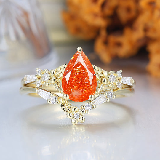 Nature Inspired Floral Sunstone  Bridal Ring Pear Cut Vintage Gold Ring Stacking Set