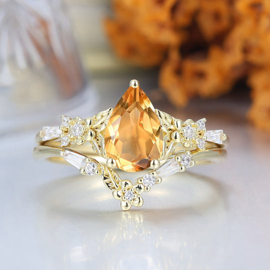 Unique Floral Engraved Pear Cut Citrine Engagement Ring Set Natural Inspired Wedding Rings