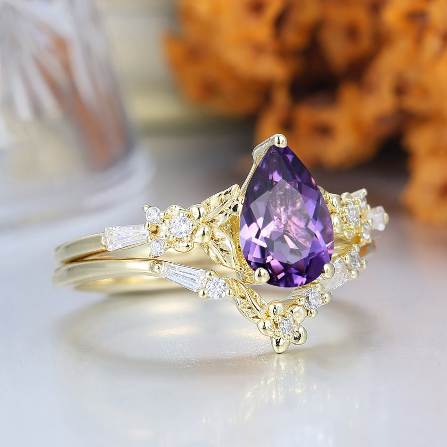 Nature Inspired Floral Amethyst Bridal Ring Pear Cut Vintage Gold Ring Stacking Set