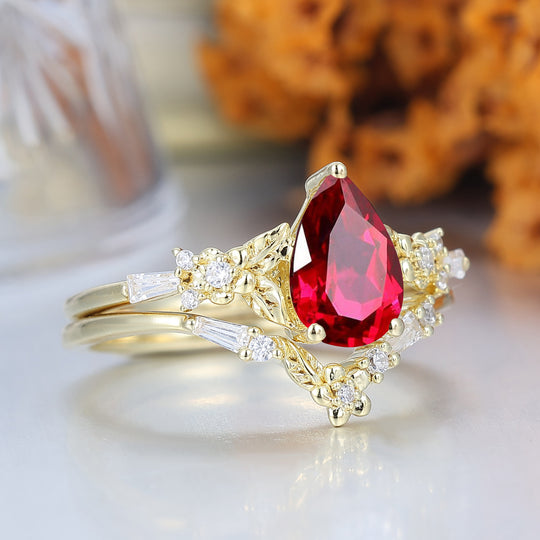 Unique Floral Engraved Pear Cut Ruby Engagement Ring Set Natural Inspired Wedding Rings